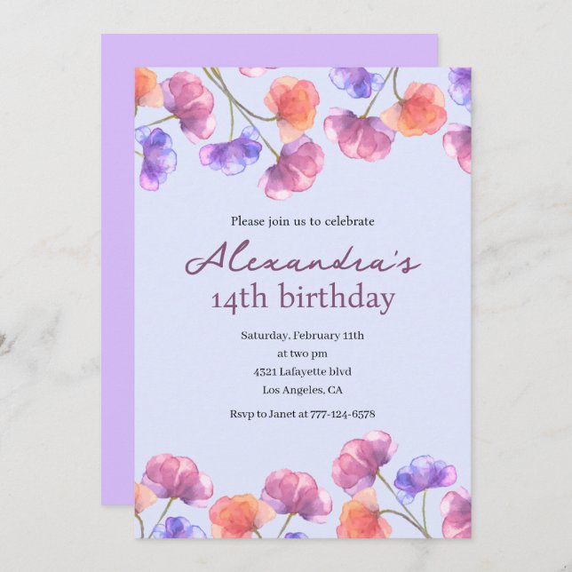 Élégantes invitations à 14e anniversaire Boho Flor (Devant / Derrière)