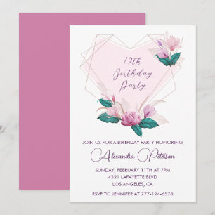 Élégantes invitations à 19e anniversaire Pink flor