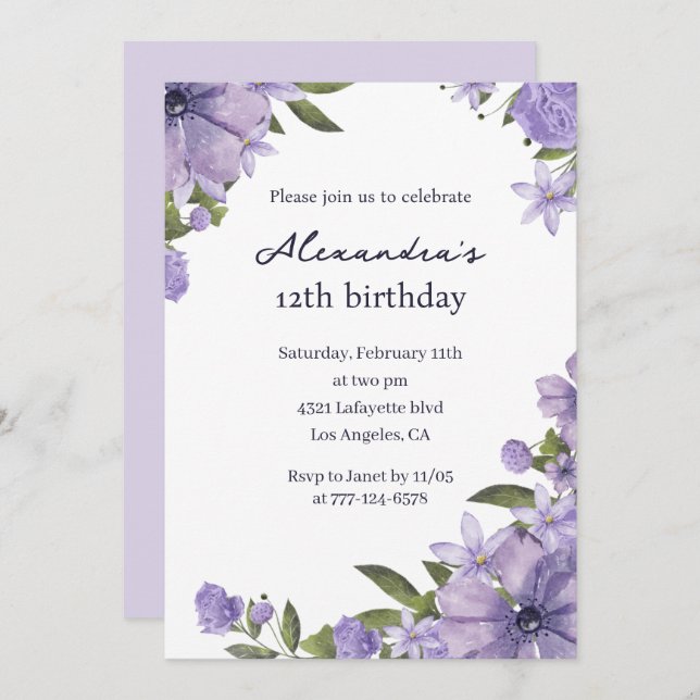 Élégantes invitations de 12e anniversaire Lavender (Devant / Derrière)