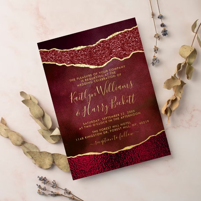 Élégantes invitations de mariage en agate bordeaux (Créateur téléchargé)