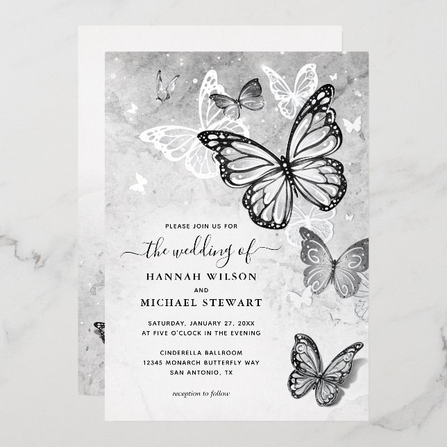 Élégantes invitations de mariage papillon en argen (Recto/Verso)