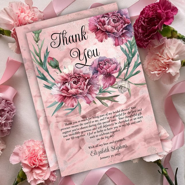 Élégantes Œillets Rose Aquarelle Merci (Elegant Watercolor Pink Carnations Thank You Card)