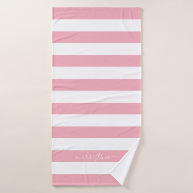 Élégantes rayures roses blanches personnalisées (Serviette de bain)