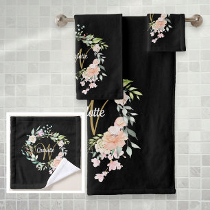 Élégantes Roses Floral Monogramme Noir Or
