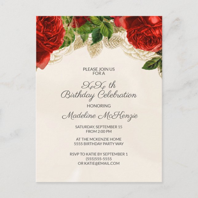 Élégantes roses rouges sur une invitation d'annive (Devant)