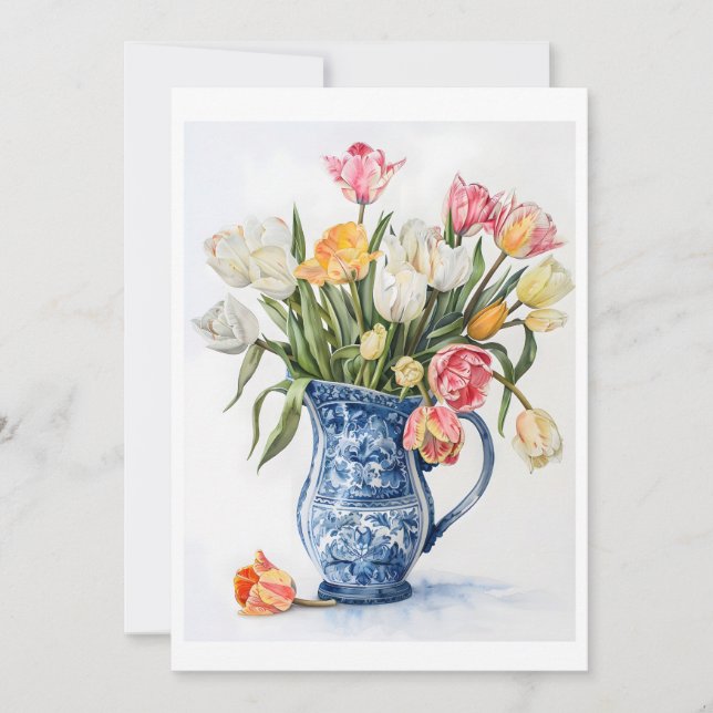 Elégantes Tulipes d'aquarelle dans Vase Blue Delft (Devant)