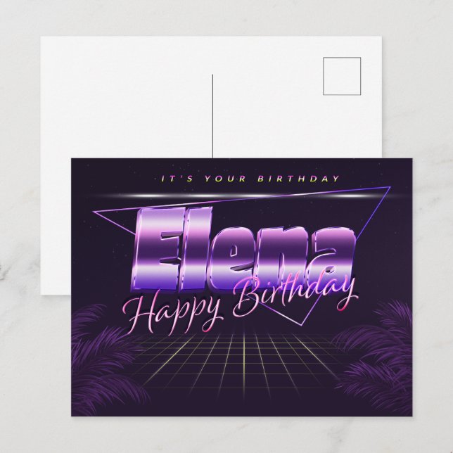 Elena prénom carte postale violette anniversaire (Devant / Derrière)