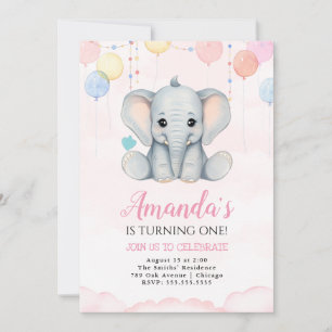 Eléphant 1er anniversaire Invitation fille