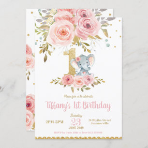 Eléphant 1er anniversaire Invitation Fille rose fl