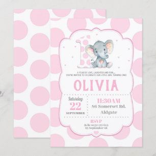 Elephant 1er anniversaire Invitation Pois roses