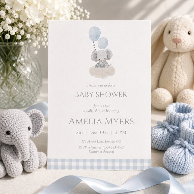 Éléphant à carreaux bleus sur invitation de baby s (Créateur téléchargé)