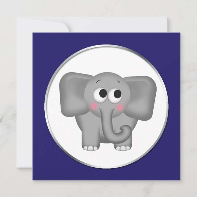 Eléphant adorable - Bleu Douche Bébé Invitations (Devant)