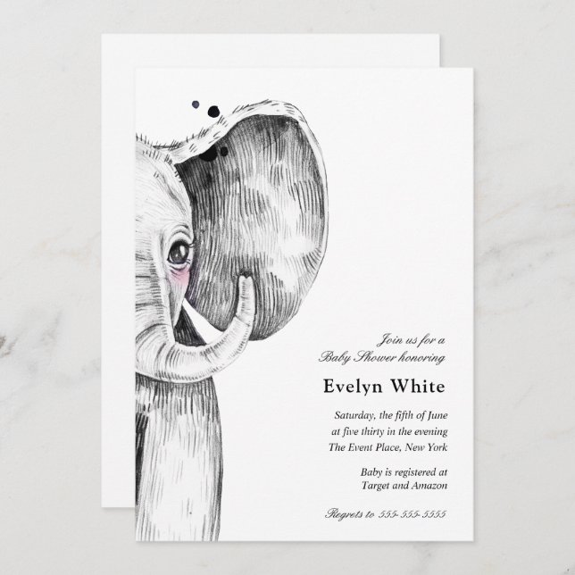 Eléphant aquarelle | invitation Baby shower (Devant / Derrière)