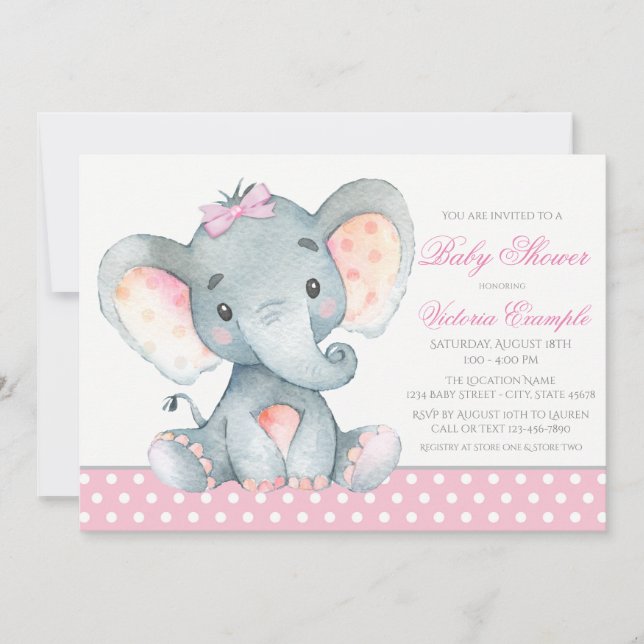 Eléphant Baby Girl Douche Invitations (Devant)