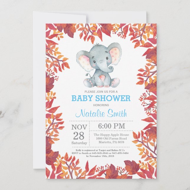 Elephant Baby shower Floral Automne Invitation (Devant)