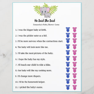 Elephant Baby shower Garçon Il A Dit Qu'Elle A Dit