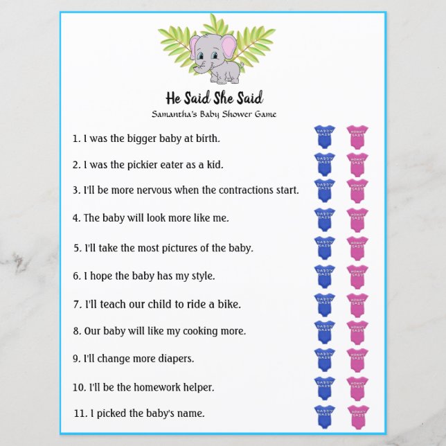 Elephant Baby shower Garçon Il A Dit Qu'Elle A Dit (Devant)