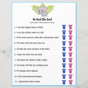 Elephant Baby shower Garçon Il A Dit Qu'Elle A Dit