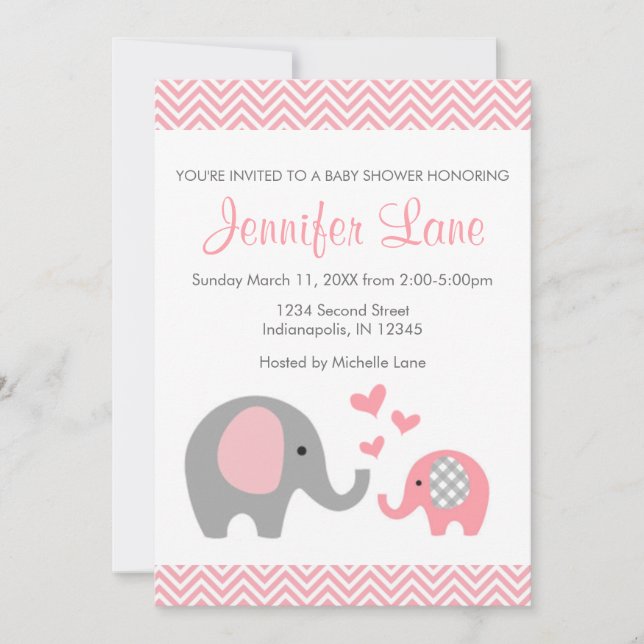 Eléphant Baby shower Invitation fille (Devant)