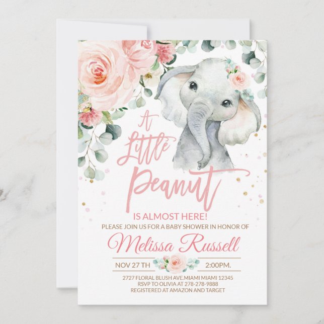 Elephant Baby shower Invitation fille, Safari rose (Devant)