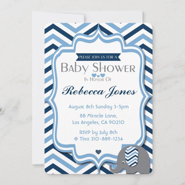 Elephant Baby shower Invitation Garçon Blue Chevro (Devant)