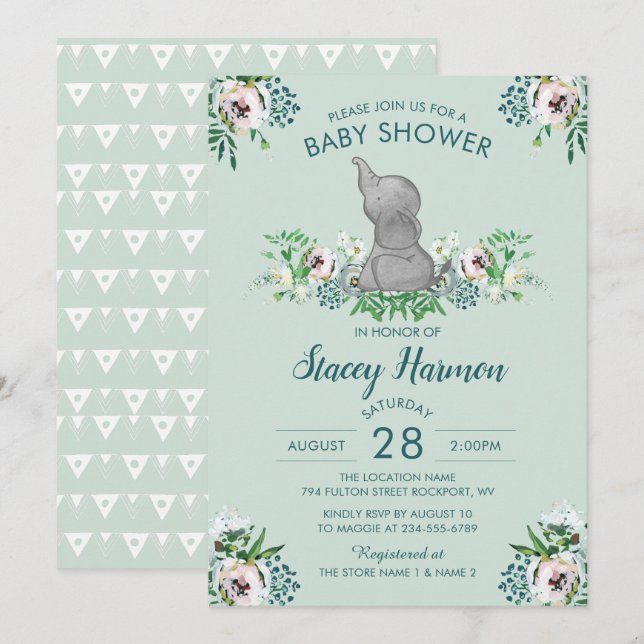 Elephant Baby shower Invitation Mint Vert Floral (Devant / Derrière)