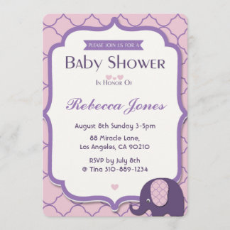 Elephant Baby shower Invitation rose pourpre Quatr