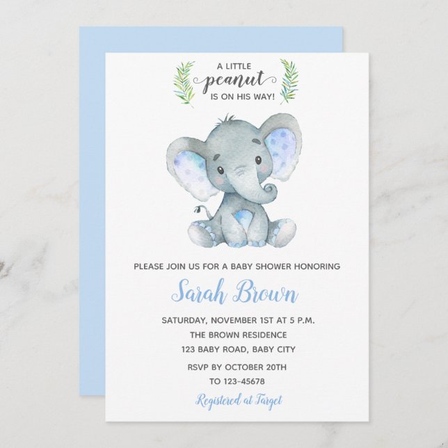 Elephant Baby Shower Invitations Garçon Petit Arac (Devant / Derrière)