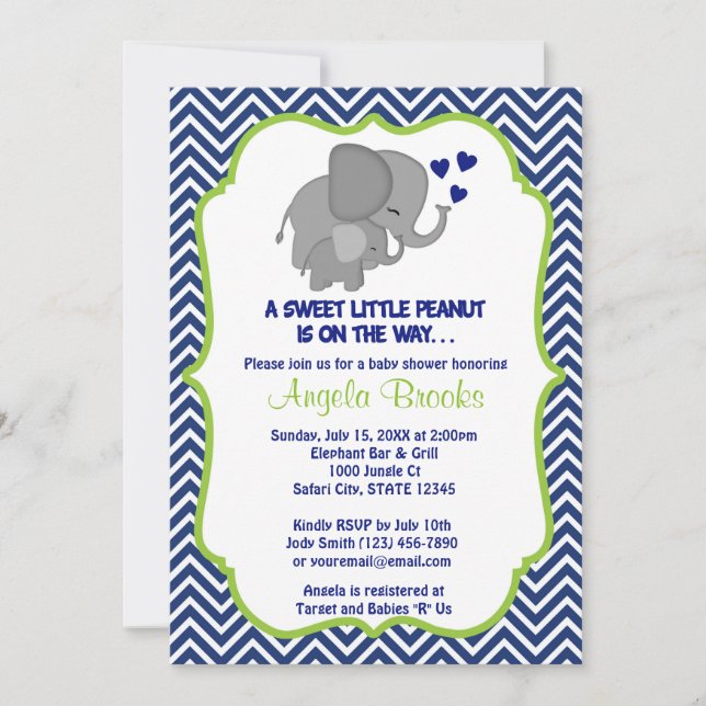 Elephant Baby Shower Invitations Marine Chevron (Devant)