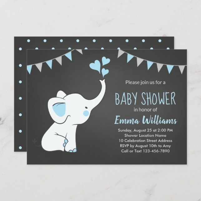 Eléphant Baby Shower Invitations pour un garçon (Devant / Derrière)