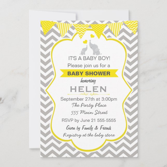 Elephant Baby shower jaune Chevron Invitation (Devant)