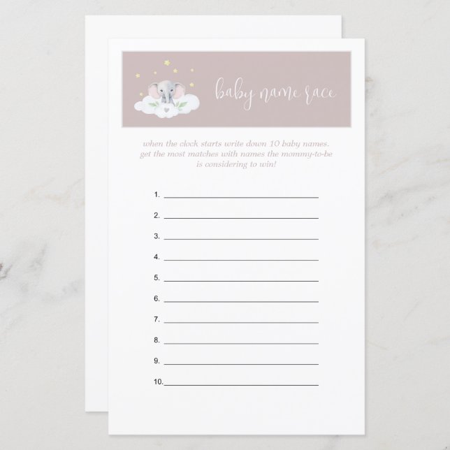 Eléphant Baby shower Jeu de deviner jeu rose (Devant / Derrière)