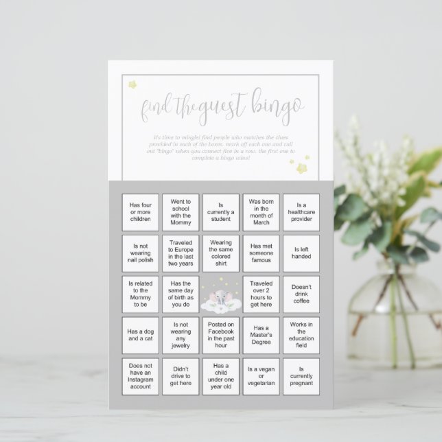 Elephant Baby shower Jeu Guest Bingo (Debout devant)
