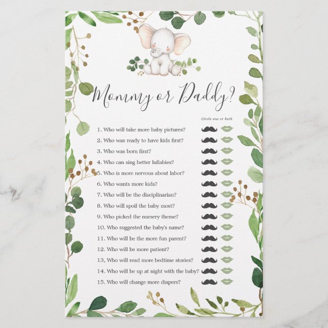 Elephant Baby shower maman ou papa jeu (Devant)