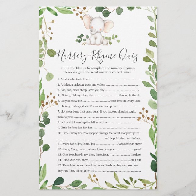 Elephant Baby shower Nursery Rhyme Jeu (Devant)