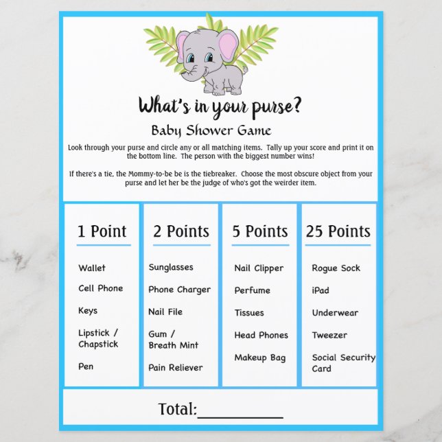 Elephant Baby shower Whats Dans Votre Jeu De Purse (Devant)