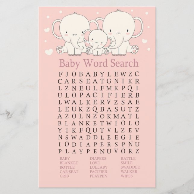 Eléphant Baby shower Word Jeu de recherche (Devant)