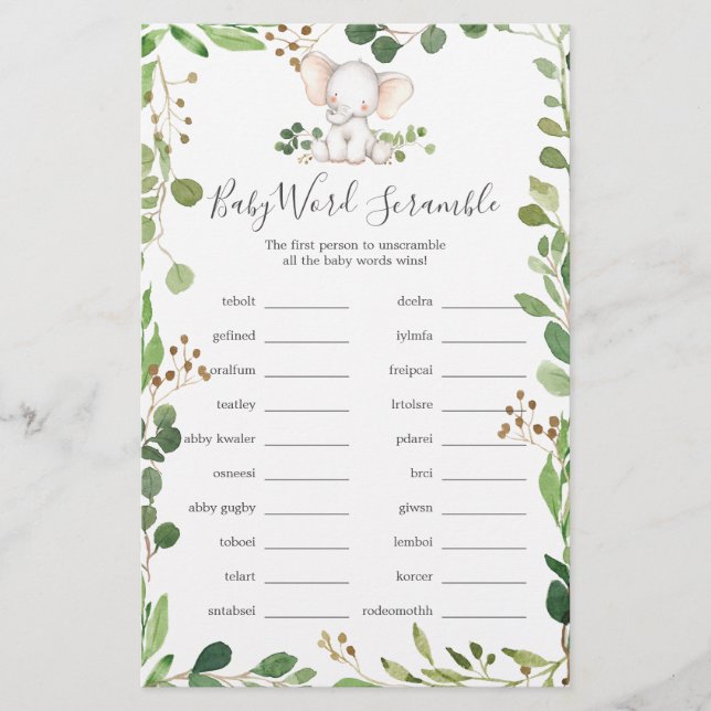 Elephant Baby shower Word Scramble Jeu (Devant)