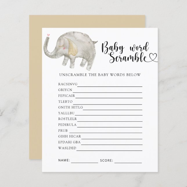 Elephant - Baby Word Scramble Jeu (Devant / Derrière)