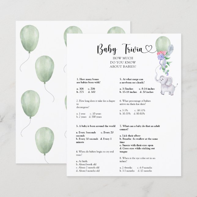 Éléphant & Ballon -Bébé Quiz | Jeu de Baby Shower (Devant / Derrière)