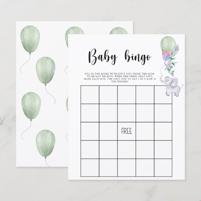 Éléphant & ballon - Jeu de bingo pour Baby shower (Devant / Derrière)