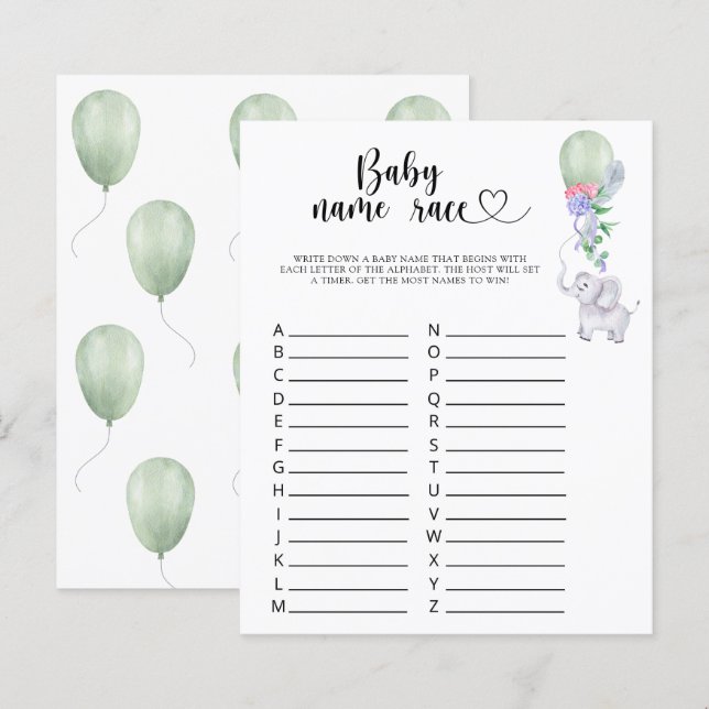 Éléphant & Ballon - Jeu de course de noms de bébé (Devant / Derrière)