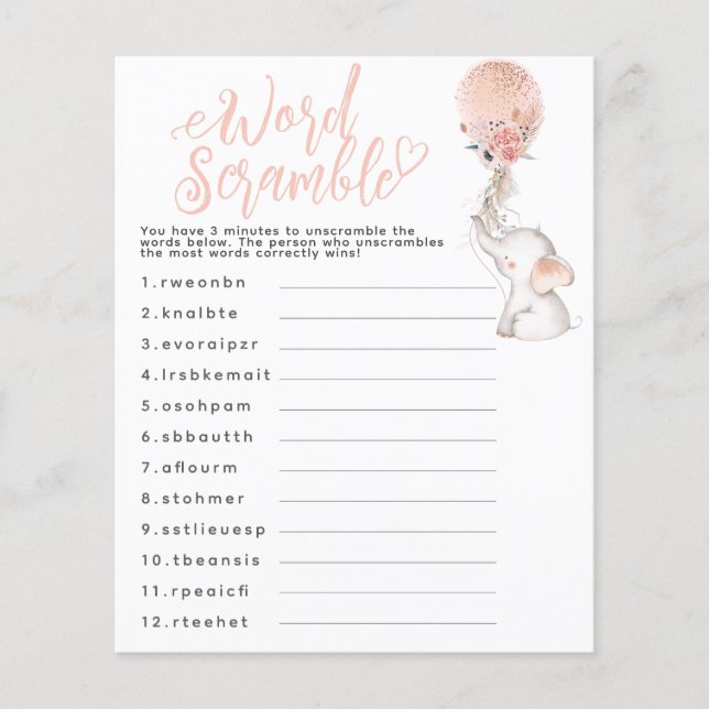 Eléphant Balloon Baby shower Jeu Baby Scramble (Devant)