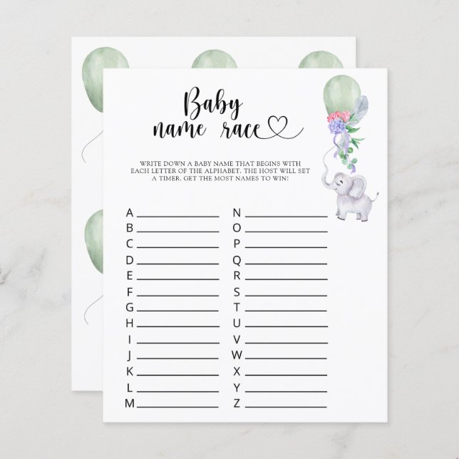 Elephant & Balloon - jeu de course de nom de bébé (Devant / Derrière)