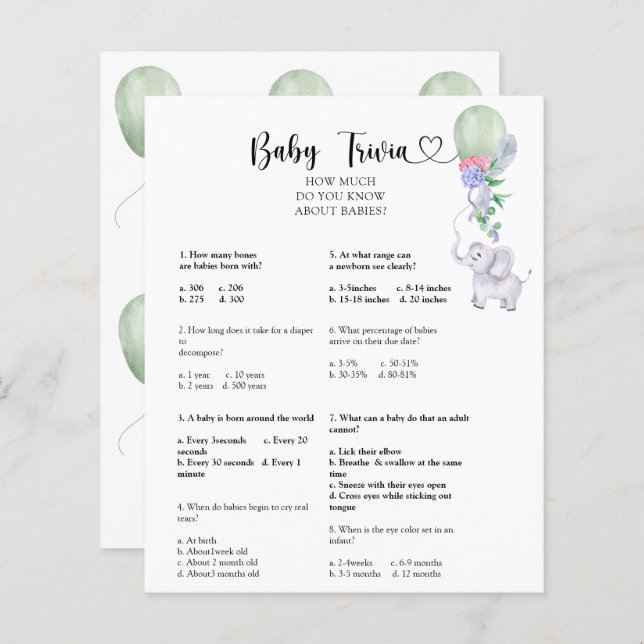 Elephant & Balloon - Trivia bébé | Jeu Baby shower (Devant / Derrière)