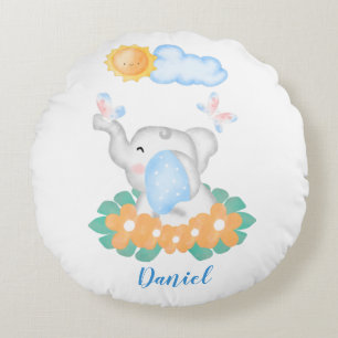 Eléphant Bébé mignon avec fleurs Coussin rond