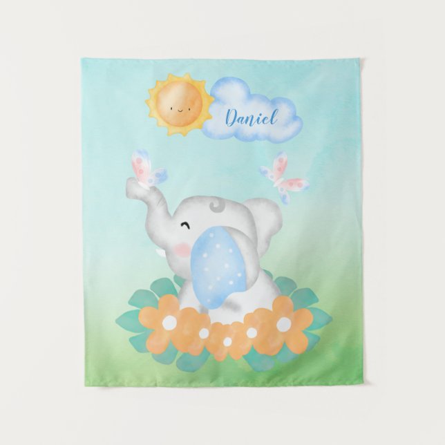 Eléphant Bébé mignon avec fleurs orange Tapisserie (Devant)