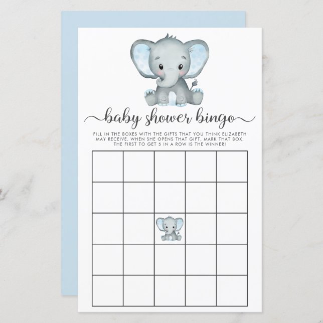 Elephant Bleu Aquarelle Baby Bingo Douche Jeu (Devant / Derrière)