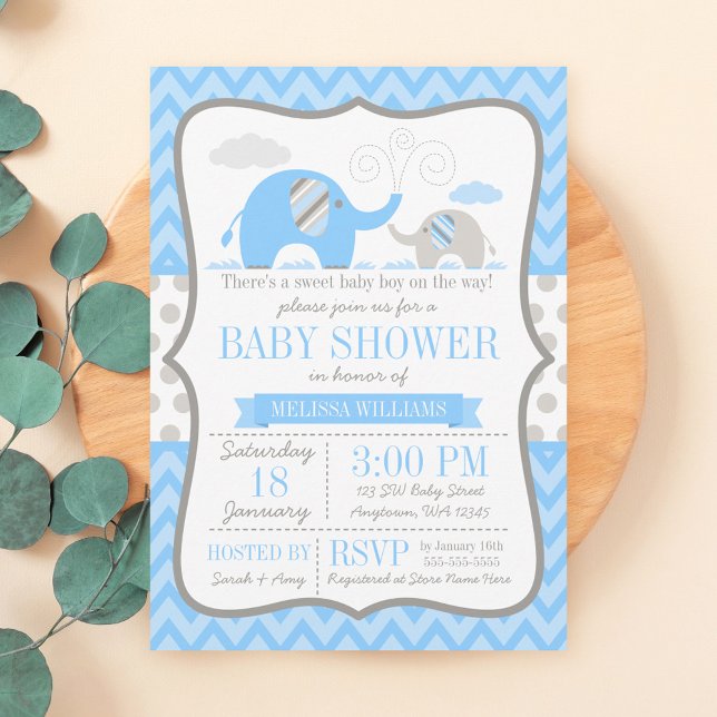 Elephant Blue Grey Baby Shower Invitations (Créateur téléchargé)