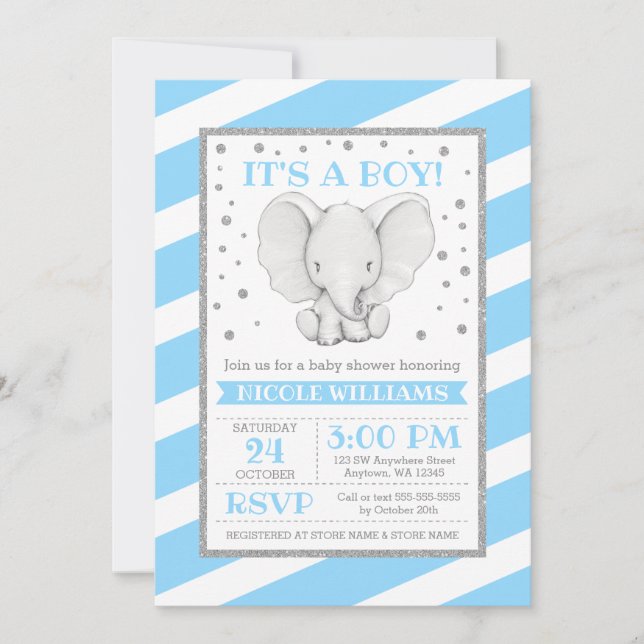 Elephant Blue Stripes Boy Baby Shower Invitations (Devant)